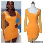 Oh Polly Asymmetrical Long Sleeve Cutout Mesh Bodycon Orange Mini Dress Neon Y2K Photo 1