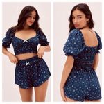 For Love & Lemons Lola Pointelle Crop Top XL Blue Floral Puff Sleeve Cottagecore Photo 1