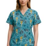 Disney TINKERBELL BLUE GREEN YELLOW PRINT SCRUB TOP SHORT SLEEVE WITH POCKETS L Photo 0