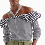 J.Crew  Blue White Striped Off the Shoulder Ruffle Halter Top Blouse Size 2 XS Photo 0