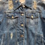 Iris  Blue Denim Jacket Fringe Hem Distressed Size Small Photo 3