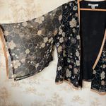 Vintage whimsigoth silk black gold floral beaded sheer bell sleeve cardigan top Size M Photo 1