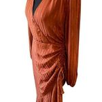 ASTR Rust Satin Wrap Dress Long Sleeve Ruched Side Ruffle Cocktail • M *Flaw comment. Photo 6