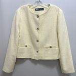 ZARA Tweed Cropped Blazer Gold Buttons Yellow Size M Photo 3