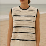 Varley Athena Pointelle Sleeveless Cotton Sweater in Egret (Ivory/Black) Size XL Photo 0