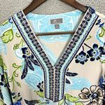 JM Collection ‎ Top S Blue Beige Floral Paisley Tunic Boho Border Print Resort Photo 3