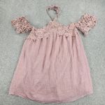 Umgee  Womens Top Medium Pink Lace‎ Trim Off the Shoulder Halter Tie Neck Photo 9