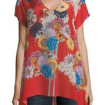 Johnny Was EUC  Red Floral Swing Tunic Top Small Cupra Rayon “Dolce” Sheer Photo 0