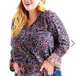Lucky Brand Navy Multicolor Paisley Floral Border Top Printed Long Sleeve Size M Photo 0