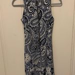 H&M Blue & White Paisley Print Lace Trim High Neck Bodycon Career Work Dress XS Photo 1