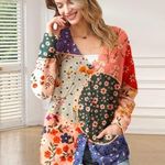 Yesno Button Down Oversized Cotton/Wool Blend Boho Patchwork Print Cardigan Photo 0