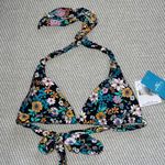 O'Neill  Black Multi Floral Halter Tatum Thalia Triangle Tie Back Bikini Top Sz M Photo 0