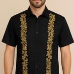 Handmade Men's Mexican Black Embroidered Shirt - Cotton, Gold Accent (Size M ) Photo 0