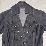 Bisou Bisou Dark Blue Denim Belted Jean Jacket Ruffled Hem S Military Band Photo 1