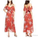 WAYF  Red Floral Print Chiffon Midi‎ Dress Ruffle Off The Shoulder Size Small New Photo 1