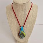 Blue Green Brown Swirl teardrop Murano blown glass large pendant suede cord Photo 0