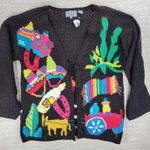 Vintage TLC by Lambert Mexican Fiesta Cardigan Sweater Crochet Knit NWT Size M Black Size M Photo 2