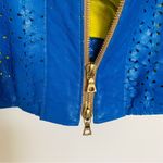 dianaira Royal Blue Perforated Floral Pattern Lambskin Leather Blazer Jacket Size M Photo 2