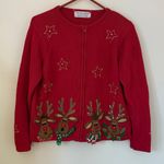 Tiara International Christmas Reindeer Red Knit Zippered Cardigan estimated size Medium Photo 0