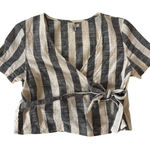 Ecote Wrap Top Black Ivory Stripe Cotton Tie Waist Short Sleeve S Boho Gray Photo 0