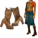 Y2K CHUNKY BROWN SUEDE LACE UP KNEE HIGH MK HEELED BOOTS US SIZE 9 Photo 2