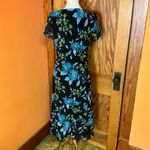 Vintage Black Floral Midi Dress Blue Green Flower Print Short Sleeve Size 12 Photo 10