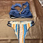 Cupshe New Bikini Womens Medium Navy Plunge Bikini Top Striped Bottom Flaw Photo 1