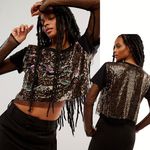 Free People NEW  Life Of The Party Twofer Sequin T-Shirt Top Lace Black Size XS Photo 1