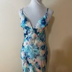 Liv Foster Womens US 4 Blue Pink Floral Abstract Ruffle V Neck Satin Maxi Dress Photo 1