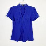 EXPRESS Elite Stretch Royal Blue Fitted Preppy Short Sleeve Button Up Shirt Photo 1