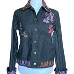 Coldwater Creek Black Jean Jacket Pink Blue Embroidery Cotton Womens XS Photo 0