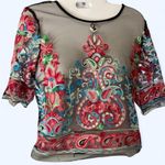 SheIn Embroidered sheer 3/4 sleeve top in black and multi-coloured hues XS Photo 0