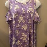 Denim & Co Floral Cold Shoulder Top Purple & White  2X Spring Blouse Short Sleeve Photo 0