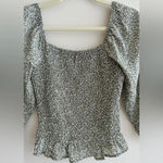 Paper Crane Smocked Floral Blouse, Puff Sleeve Green Fall Top, Size Medium Photo 3