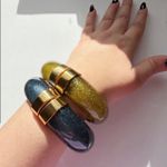 Bold gold and blue chunky statement bangle bracelet resin and stainless steel Photo 0