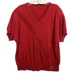 American Vintage Vtg 80’s Red Short Sleeve Rouched Top Gold Rhinestone Broach Size Medium Photo 0