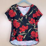 SheIn Black & Red Floral Print Curve Hem Short Sleeve Shirt Top Small Photo 0