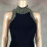 Blondie Nites  Stretch Knit Navy Blue Gown With Beaded Neck NWT Size 3 Photo 3