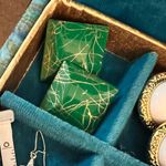 Vintage Art Deco Earrings Green & Gold 80’s Mod Earrings, pierced, acrylic, 1.5” Photo 3