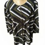 Misook  L Round Neck Knit Jacket Cardigan Green Black Contrast Trim Geometric Photo 0