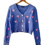 Purple knit cardigans with pink hearts and white buttons. Size S Photo 0
