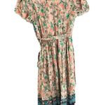 Bloomchic  Midi Dress Flora V Neck Belted Short Sleeve Beige Black Blue 12 Photo 1