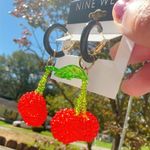 Nine West  red cherry 🍒 green leaves black loops drops beads earrings Photo 1