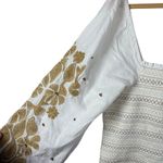 Anthropologie  Women’s Smocked Embroidered Puff Sleeve Square Neck White/Gold L Photo 5