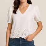 Adrianna Papell White Eyelet Hem Puff Sleeve Blouse Size Small Photo 0