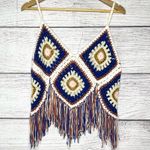 Bohemian Crochet Granny Square Fringe Festival Sleeveless Crop Top Size XL Blue Photo 5