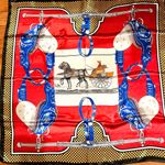 Vintage Equestrian themes print RED /BLUE oversize hand rolled silky Scarf 35/35 Multiple Photo 3