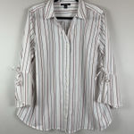 Roz & Ali Button Up Top Womens 2X White Striped Tie Sleeve Career Mature Office Photo 0