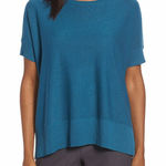 Eileen Fisher Nile Blue Sleek Merino Wool Blend Knit Boxy Sweater Top Size M Photo 0