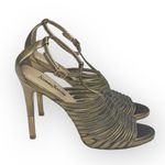 Neiman Marcus π€ T-Strap Stiletto Heeled Sandal π€ Metallic Gold Leather π€ 8M Photo 1